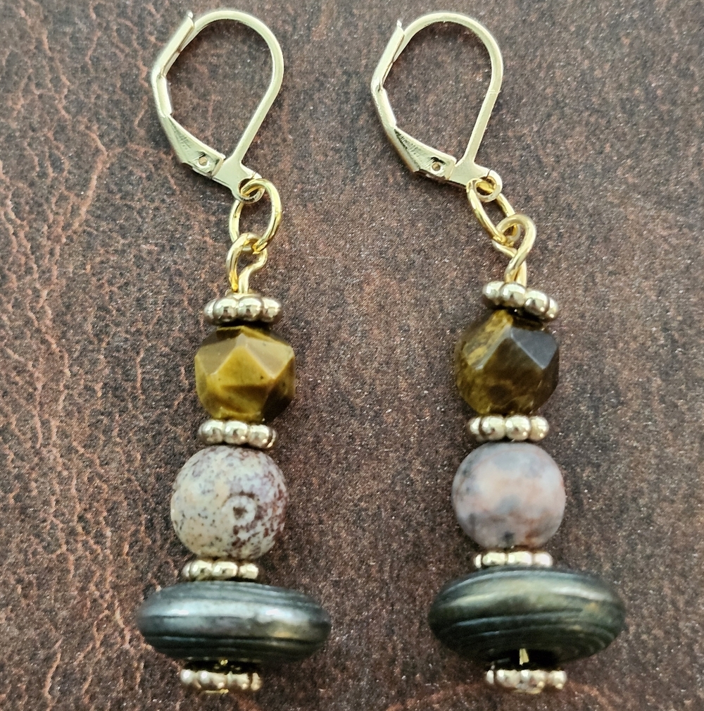 Earrings Jasper and Tiger Eye Stone Drop Handcrafted